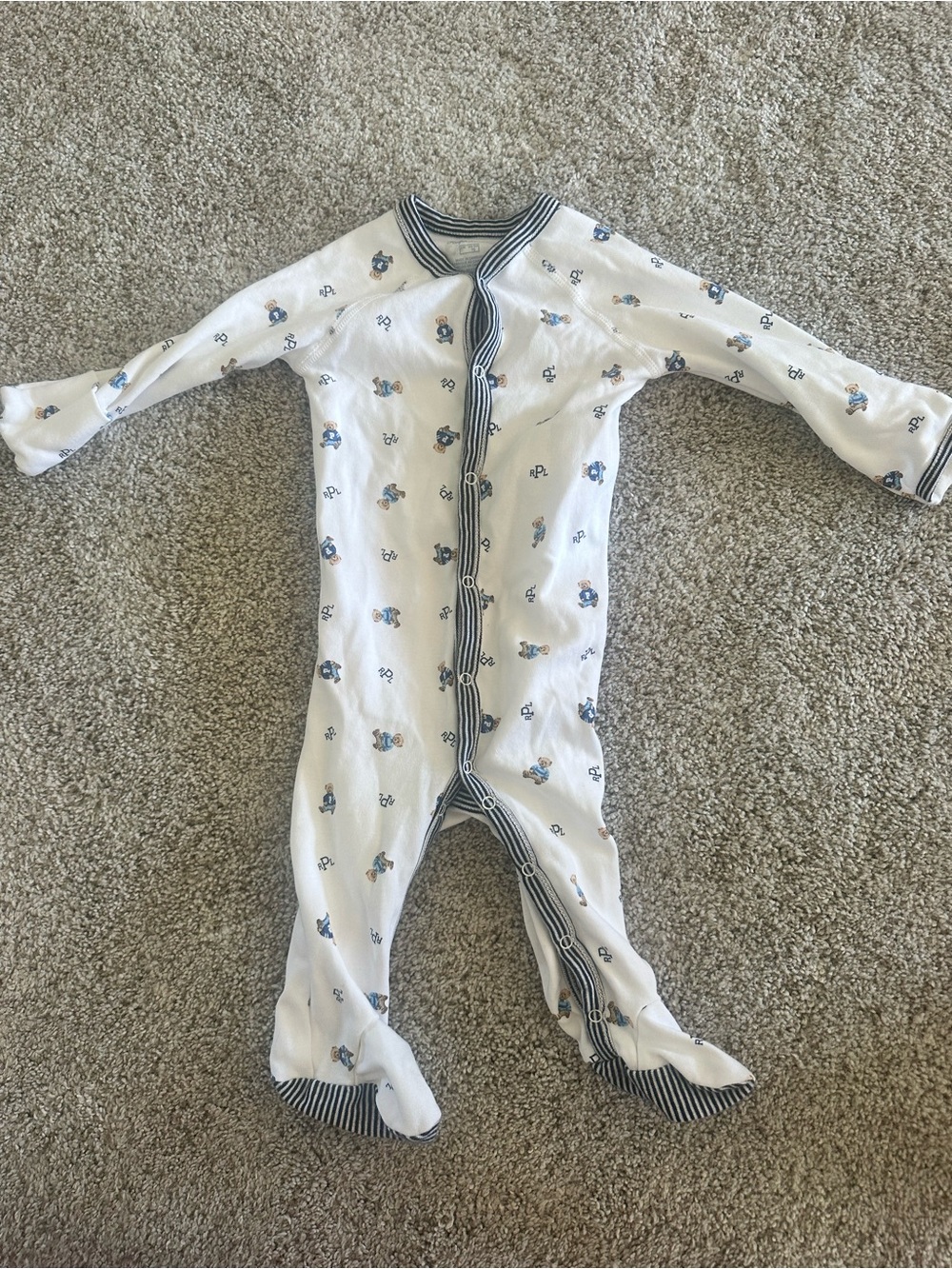 Ralph Lauren White Bear Print Baby One-Piece Footed Pajama with Blue Trim